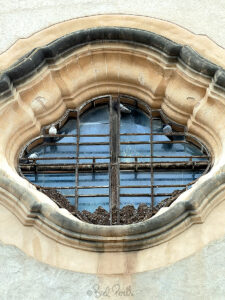 Excrements de coloms domèstics al vitrall de l'Església de Monti-Sion. Pollença. Març, 2026.